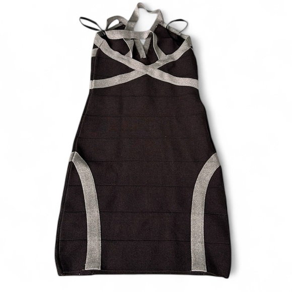 Bebe Black & Silver Metallic Bandage Dress | Size XS - Picture 2 of 5